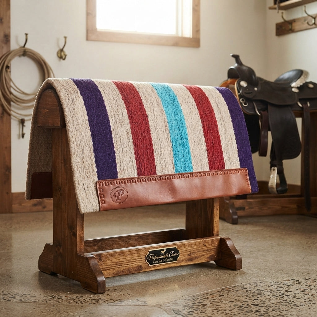 Lifestyle photo of Professional's Choice Casa Zia Heavyweight Navajo New Zealand Wool Saddle Blanket - 32" x 64", 7 lbs, Purple/Turquoise