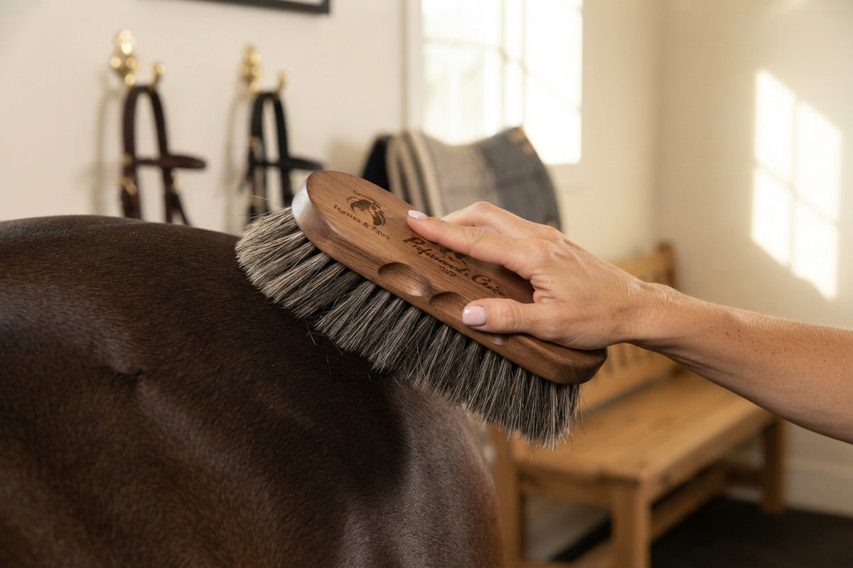 Lifestyle photo of Professional's Choice Large Dandy Wooden Horse Brush - Natural Horsehair Bristles, Ergonomic Paulownia Wood Handle