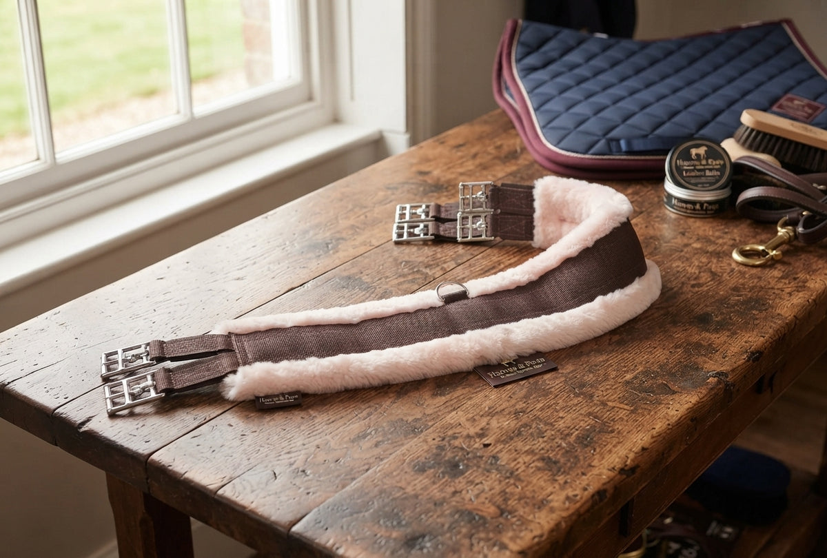 Lifestyle photo of Shires Fleece Lined Girth #1917 - Synthetic Sheepskin Comfort Girth with Double Elastic - Multiple Sizes