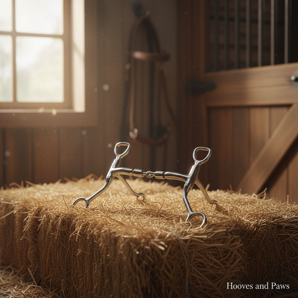Myler HBT Shank Snaffle horse bit with sweet iron mullen barrel mouthpiece, polished silver, resting on a hay bale in a sunlit stable.