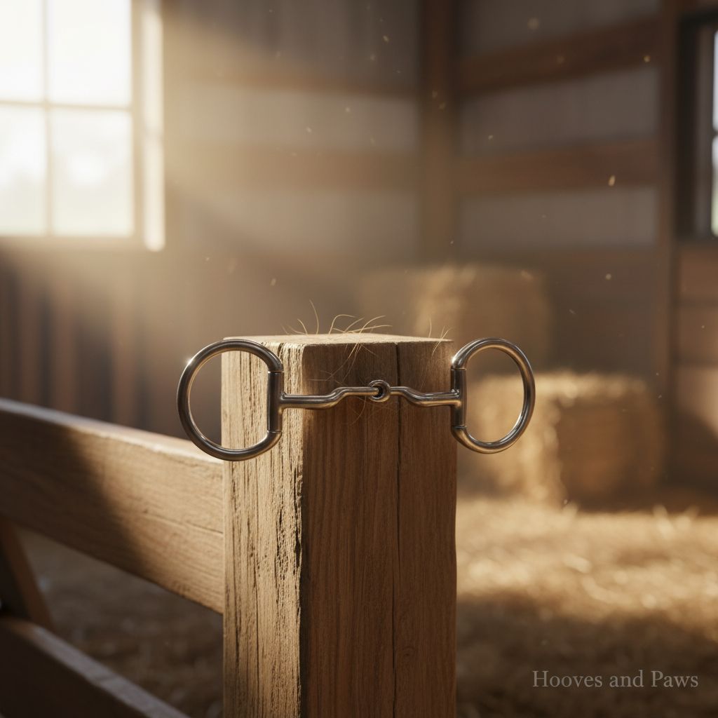 Myler Eggbutt Snaffle Bit, stainless steel with a mullen mouth, hanging on a wooden barn post in a sunlit stable.