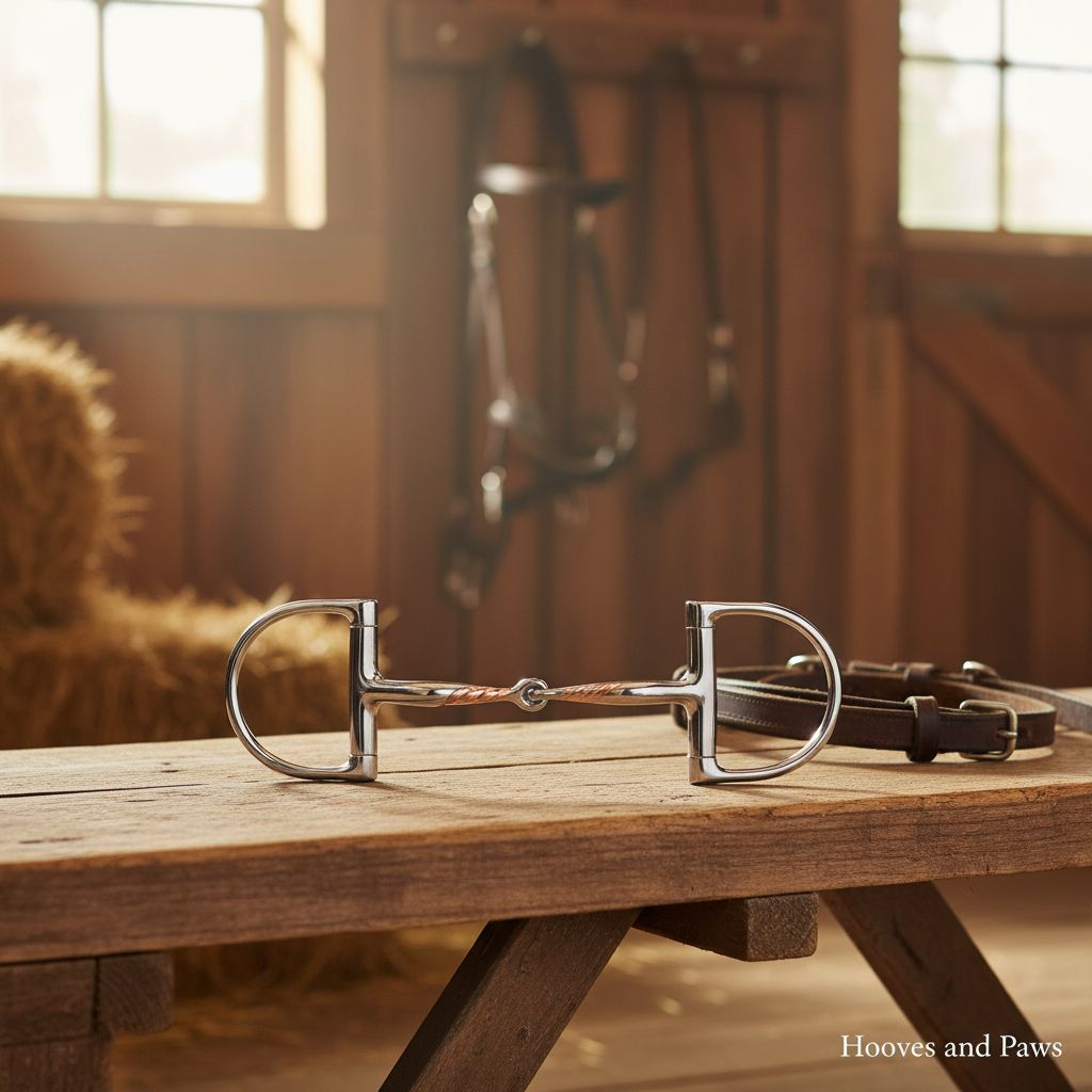 Myler MB 09 Dee Snaffle Bit, stainless steel with copper inlay mouthpiece, on a rustic wooden bench in a sunlit barn with equestrian tack and hay bales in the background.