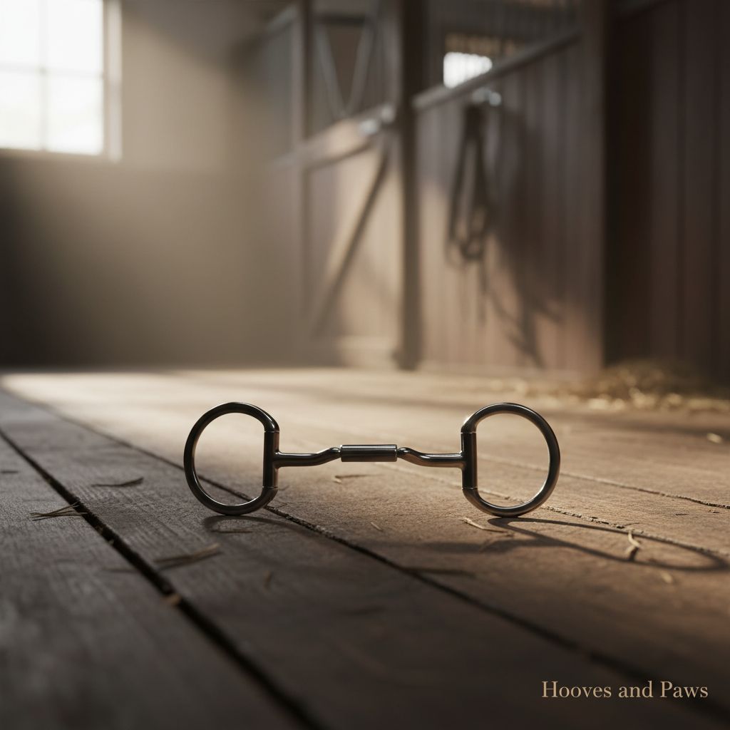 Myler Eggbutt Snaffle Bit (14mm Forward Tilt Port, Dressage Legal) on a sunlit wooden stable floor.