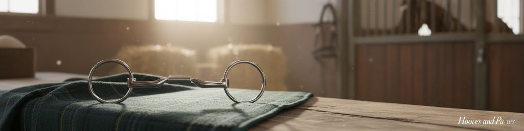 Myler Bridoon SS Low Port Mullen Barrel Bit #89-40067, a gleaming stainless steel horse bit, resting on a green plaid blanket on a rustic wooden table inside a sunlit barn with dust motes, hay bales, and a horse in a stall.