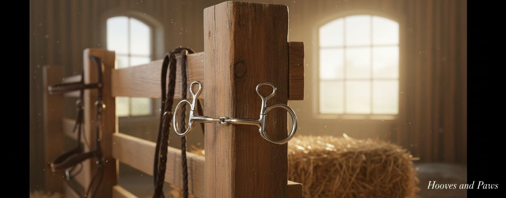 Myler 5 inch 02 Stainless Steel Medium Baucher bit (#89-41025) hanging on a rustic wooden stable post, with a blurred leather bridle, reins, and hay bale in a sunlit barn background.