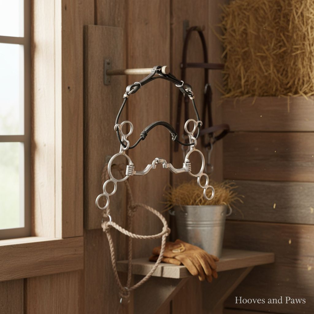 Myler 3-Ring Combination Bit, MB 41PB, with sweet iron correctional ported barrel and black leather headstall, hanging in a rustic barn.