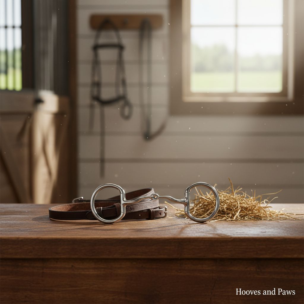 Myler MB 04 Eggbutt Snaffle horse bit, stainless steel, comfort-designed and dressage legal, on a wooden table with brown leather straps and hay in a sunlit stable.