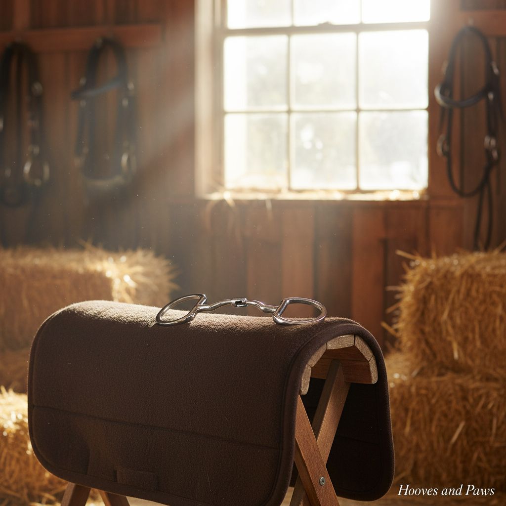 Myler 33WL Eggbutt Snaffle bit with wide port for dressage and tongue relief, resting on a brown saddle pad in a sunlit barn with hay bales.