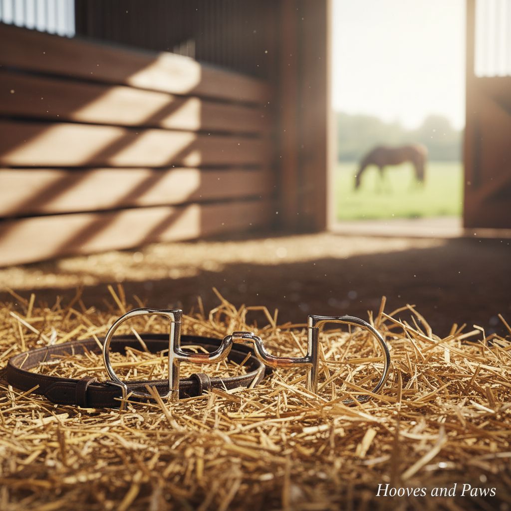 Stainless steel Myler Dee snaffle bit with hooks, low ported and copper inlay, resting on hay inside a sunlit stable. An open stable door reveals a blurred horse grazing in a green field.