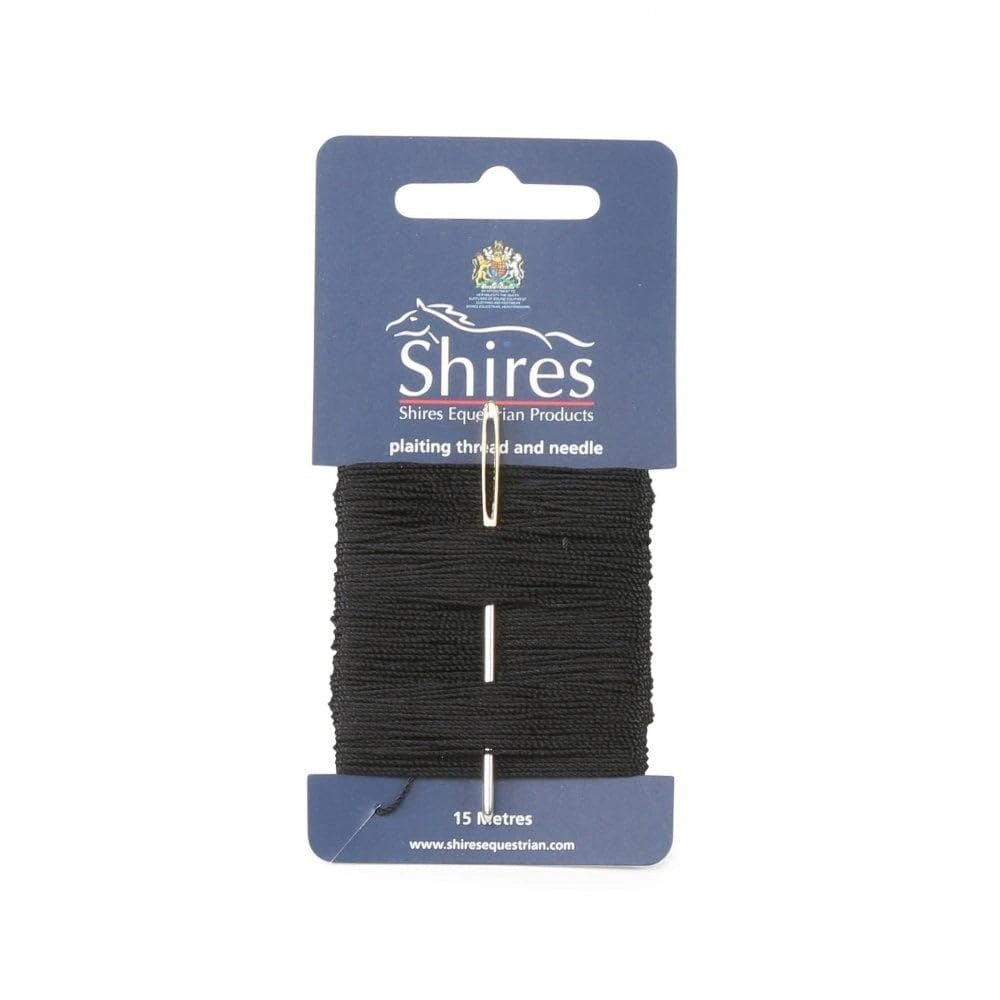 Shires plaiting thread and needle set on a blue card with brand logo.