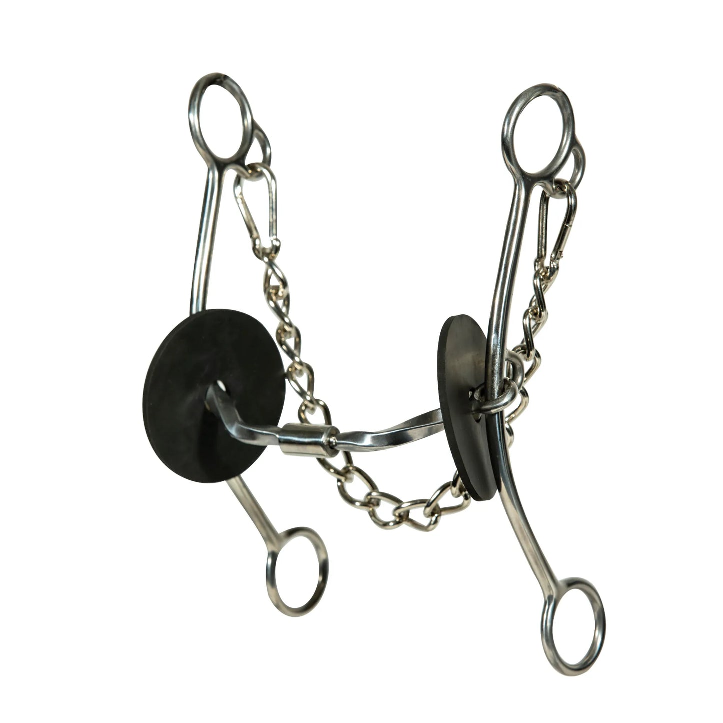 Brittany Pozzi Lifter Bit Series by Professional's Choice, featuring a 5 1/2" low port stainless steel mouthpiece, long leverage shanks, and an adjustable curb chain. This high-performance barrel racing bit includes black rubber bit guards for comfort and protection. Designed for professional horse training and rodeo competition, it provides exceptional lift and collection for better control in the arena.