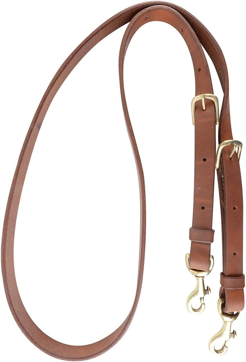 Brown leather dog leash with brass hooks on a white background
