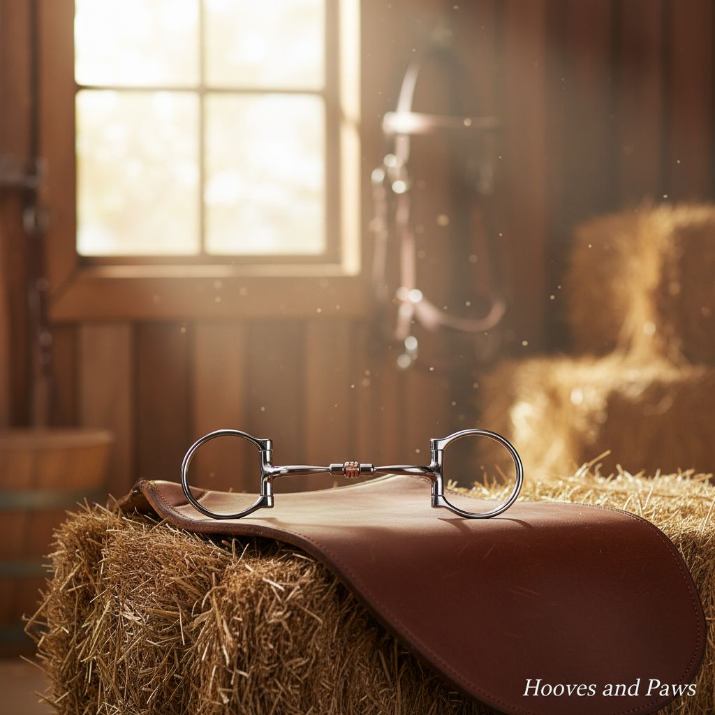Myler Western Dee Snaffle Bit in sweet iron and copper, resting on a brown leather pad and hay bale in a sunlit barn, highlighting horse comfort.
