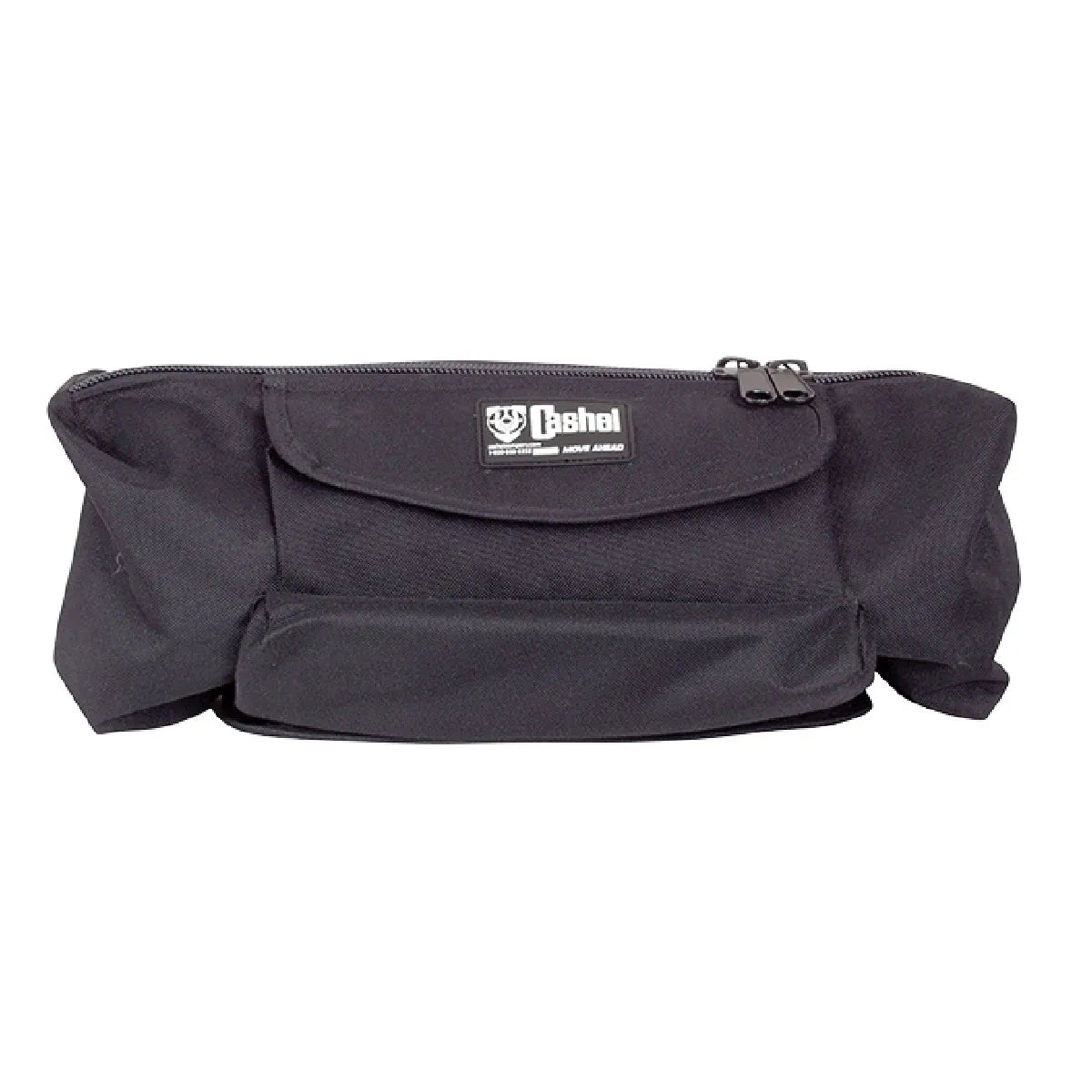 Cashel Deluxe Cantle Bag in black, a durable, insulated saddle bag for horse trail riding. This high-capacity equestrian gear features multiple zippered compartments and a front flap pocket with the Cashel logo, designed to fit securely behind the saddle cantle. Ideal for keeping drinks cold and essentials organized during long rides. A must-have horse tack accessory for every trail rider.