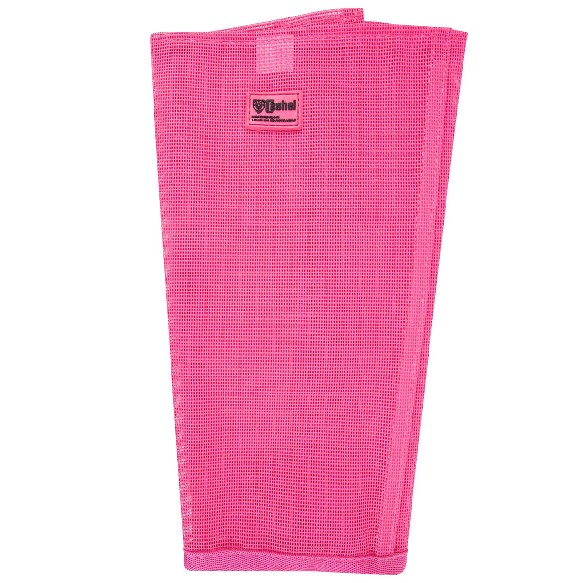 Hot pink Cashel Crusader fly leg guards for horses made of breathable mesh fabric to protect against biting flies and UV rays. This durable equine leg wrap features the Cashel logo, a tapered fit for comfort, and a secure closure to prevent slipping. Ideal for summer insect protection and reducing leg fatigue from stomping in the pasture.