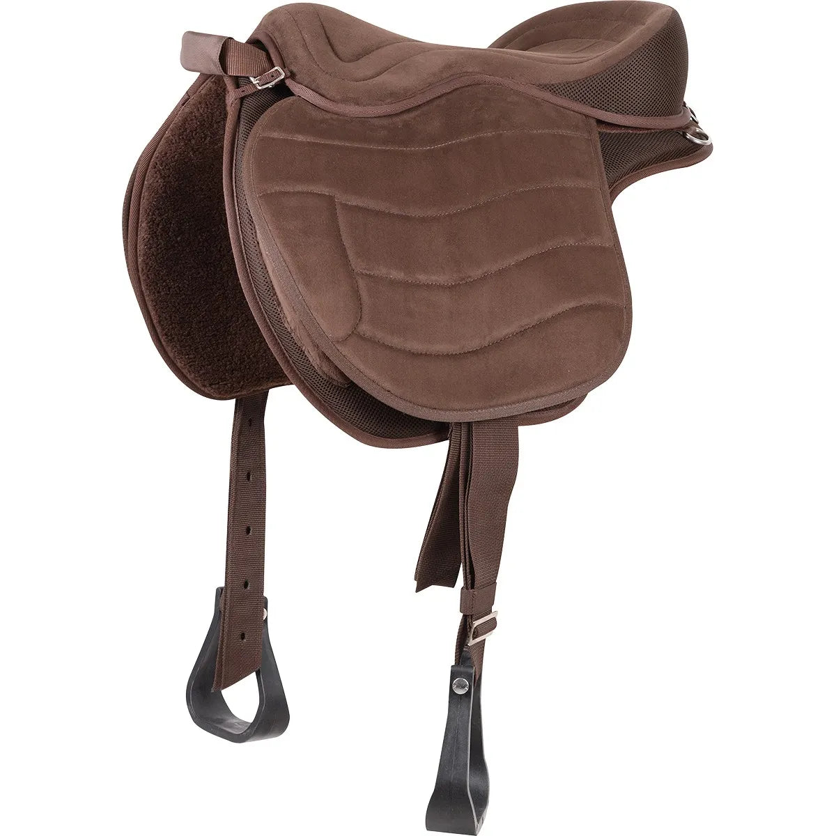 Cashel G2 Soft Saddle in chocolate brown, a lightweight treeless horse saddle designed for trail riding comfort. Features a plush, padded suede-like seat with decorative stitching, adjustable stirrups, and a breathable mesh underside for better airflow. This synthetic saddle provides a close-contact feel and secure seat, making it perfect for everyday riding. High-quality equestrian gear for riders seeking ultimate comfort and a secure fit.