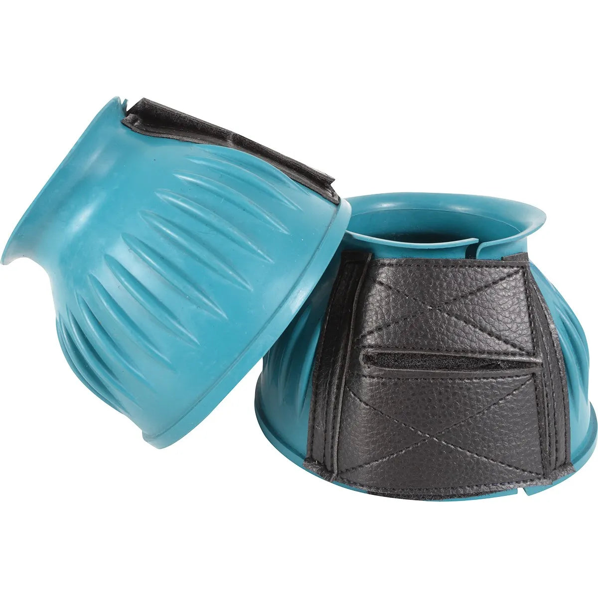 Cashel Heavy Duty Horse Bell Boots in bright teal, featuring a durable ribbed rubber design for superior hoof protection. These overreach boots showcase a secure double hook-and-loop closure with reinforced black textured panels and decorative cross-stitching. Perfect for equine safety during riding or turnout, these colorful bell boots combine heavy-duty performance with a stylish pop of color for your horse's gear.