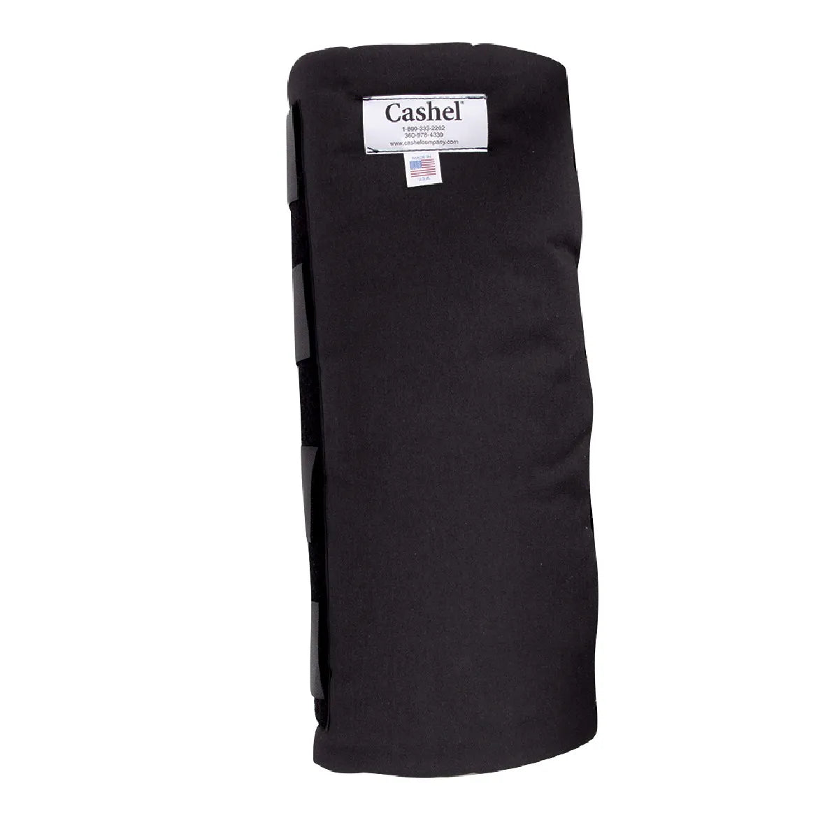 Black Cashel horse leg boots designed for ultimate leg protection during training and turnout. These tall, durable equine leg wraps feature a padded black fabric with multiple secure hook-and-loop Velcro straps for a custom fit. A white Cashel brand label and small American flag tag highlight the quality construction. Perfect for equestrian enthusiasts seeking professional-grade protection and support for their horse's legs.