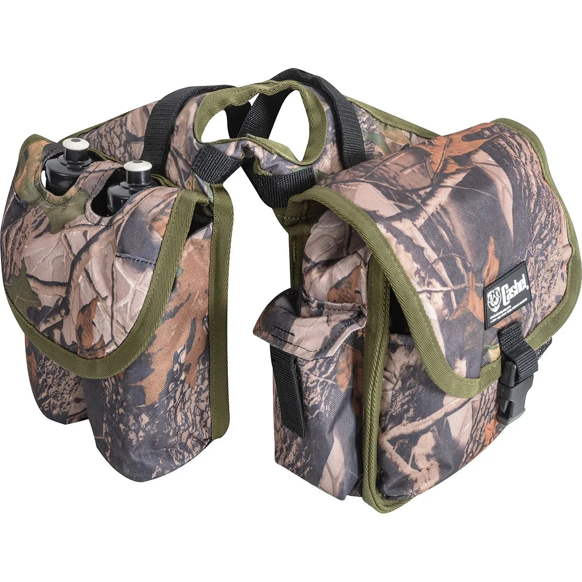 Cashel Medium Saddle Bag featuring a camouflage print and olive green trim. This durable equestrian gear includes two large storage pouches and two integrated water bottle holders with black bottles. Perfect for trail riding, it’s designed with heavy-duty nylon straps and secure plastic buckles. A must-have horse saddle accessory for long rides and equestrian camping, showcasing the Cashel logo for quality assurance.