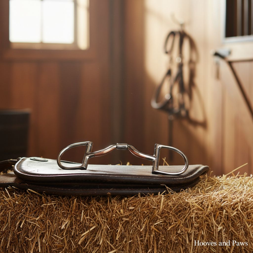 Myler MB 33 Pony Dee Snaffle Bit made of stainless steel with a copper inlay, resting on a brown leather saddle pad on a hay bale in a rustic horse stable setting.