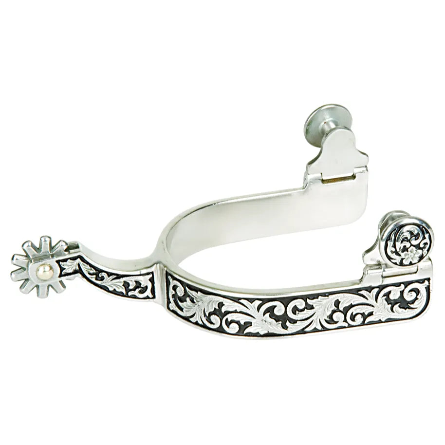 Children's western spurs in polished silver featuring intricate black engraved floral scrollwork. These high-quality youth spurs include a 1-3/8 inch shank and a classic 10-point rowel for precise cues. Stylish and durable equestrian gear for young riders, perfect for horse shows, training, or trail riding. A must-have accessory for kids' riding boots.