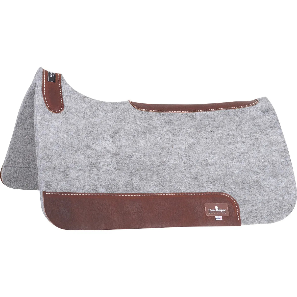 Classic Equine 1-inch Blended Felt Saddle Pad, 31"x32", featuring a contoured grey wool felt design for superior shock absorption. This western horse saddle pad includes durable brown leather wear leathers along the spine and sides for added protection and longevity. Ideal for comfort and performance, the high-quality felt wicks moisture, making it perfect for barrel racing, roping, or trail riding. A stylish and functional choice for any equestrian gear collection.