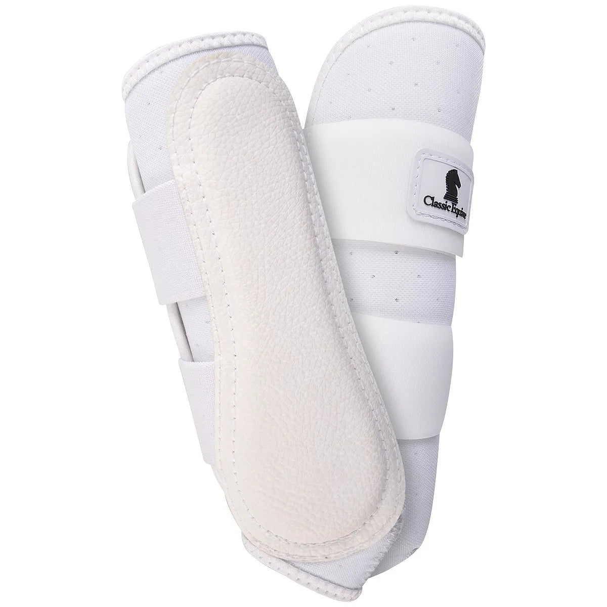 Classic Equine Air Wave EZ Wrap II horse boots in white, designed for superior splint and tendon protection. These breathable equestrian leg boots feature perforated fabric for maximum airflow, a durable pebbled leather-like strike pad, and secure velcro straps for a contoured fit. Ideal for high-performance training, competition, or daily schooling, providing both professional style and essential leg support.