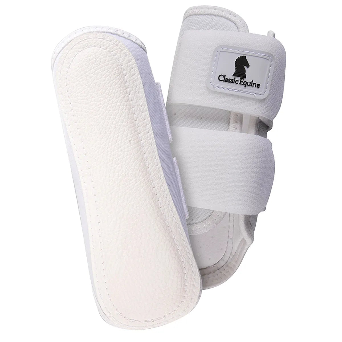 White Classic Equine Air Wave Splint Boots featuring a durable pebbled inner pad for maximum impact protection and two secure hook-and-loop straps. These breathable horse leg boots showcase the Classic Equine logo and are designed for ultimate support during training or competition. High-quality equestrian protective gear for performance horses in a clean, professional white finish.