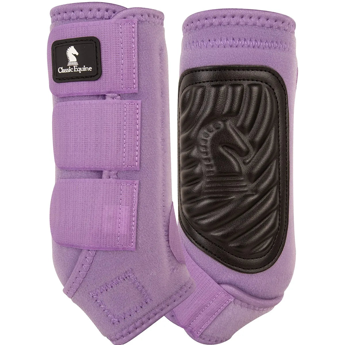Classic Equine Classic Fit Horse Sling Boots in lavender purple, offering ultimate leg protection for equestrian athletes. Features include three secure hook-and-loop straps, a contoured cradle sling for fetlock support, and a durable black strike pad with a textured horse head logo to guard against impact. These breathable, high-performance protective boots provide a secure fit and professional support for training, performance, or everyday riding.