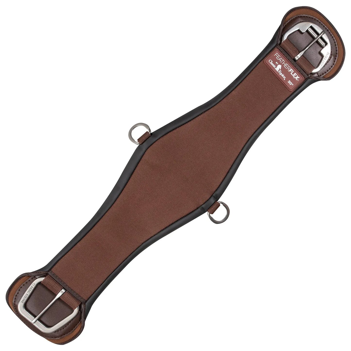 Classic Equine Feather Flex Roper Cinch, 30-inch chocolate brown Western horse cinch. Features a contoured roper design for pressure relief, breathable neoprene-free material, and durable stainless steel roller buckles. Includes center D-rings for easy tack attachment. This high-quality equine cinch provides ultimate comfort and stability for performance or trail riding.