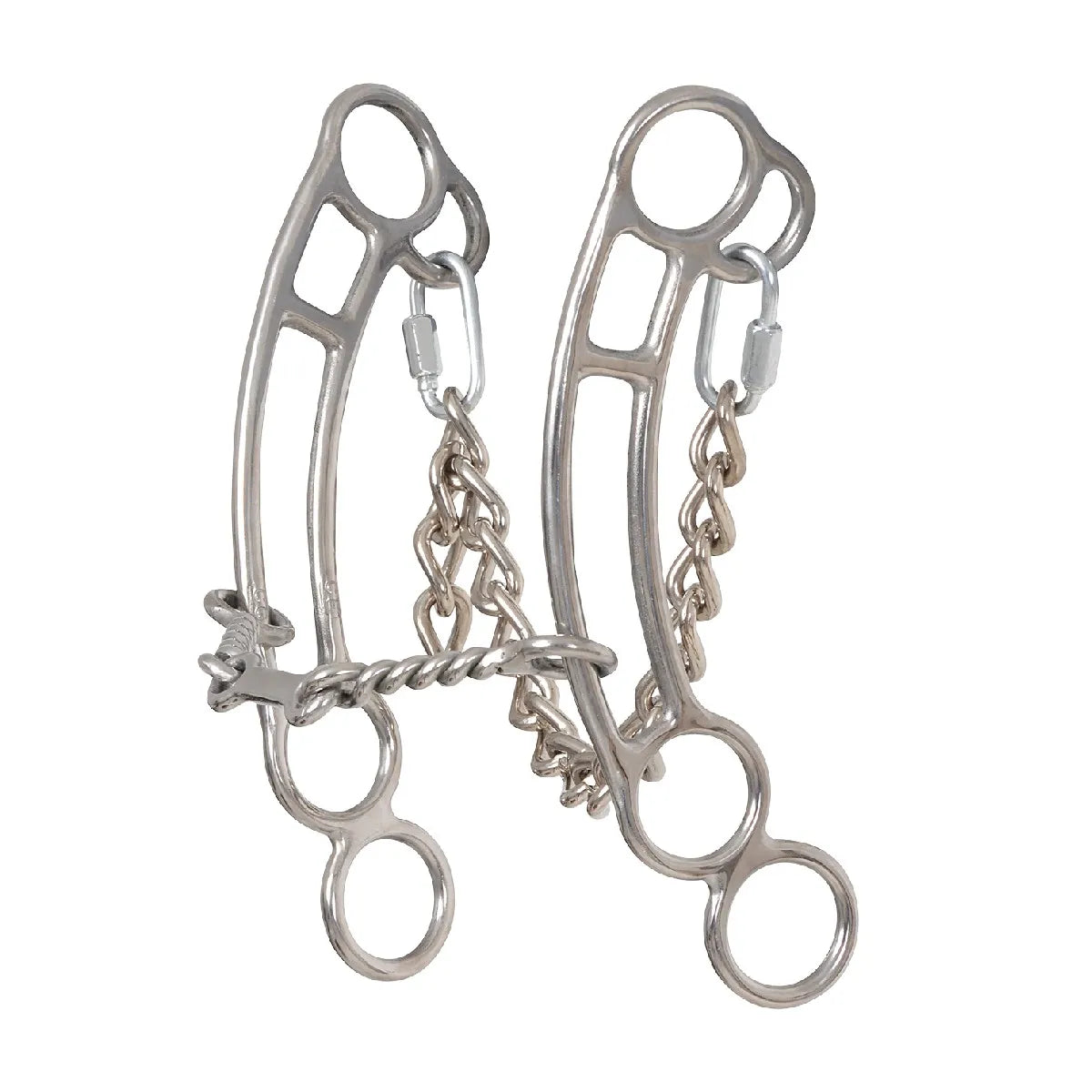 Classic Equine Goosetree Mouthpiece Bit featuring a single-jointed twisted wire mouthpiece and long, curved stainless steel shanks for superior horse control. This professional equestrian tack includes an adjustable curb chain with quick-links for precise communication. Ideal for performance riding and barrel racing, this durable silver-toned bit enhances responsiveness and leverage. Perfect for riders seeking high-quality horse training equipment.