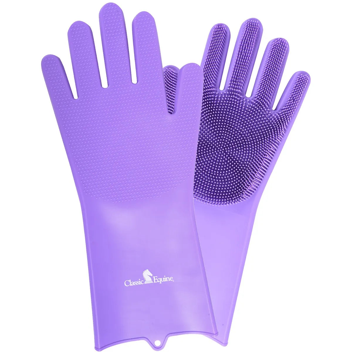 Purple Classic Equine Horse Grooming Wash Gloves crafted from durable, waterproof silicone. The palms and fingers are covered in long, flexible scrubbing bristles for deep lathering and cleaning, while the back features shorter nubs for gentle massaging. These long-cuff equine grooming tools are designed to keep hands dry while effectively removing dirt and mud from a horse's coat, making them a must-have for every equestrian's grooming kit.