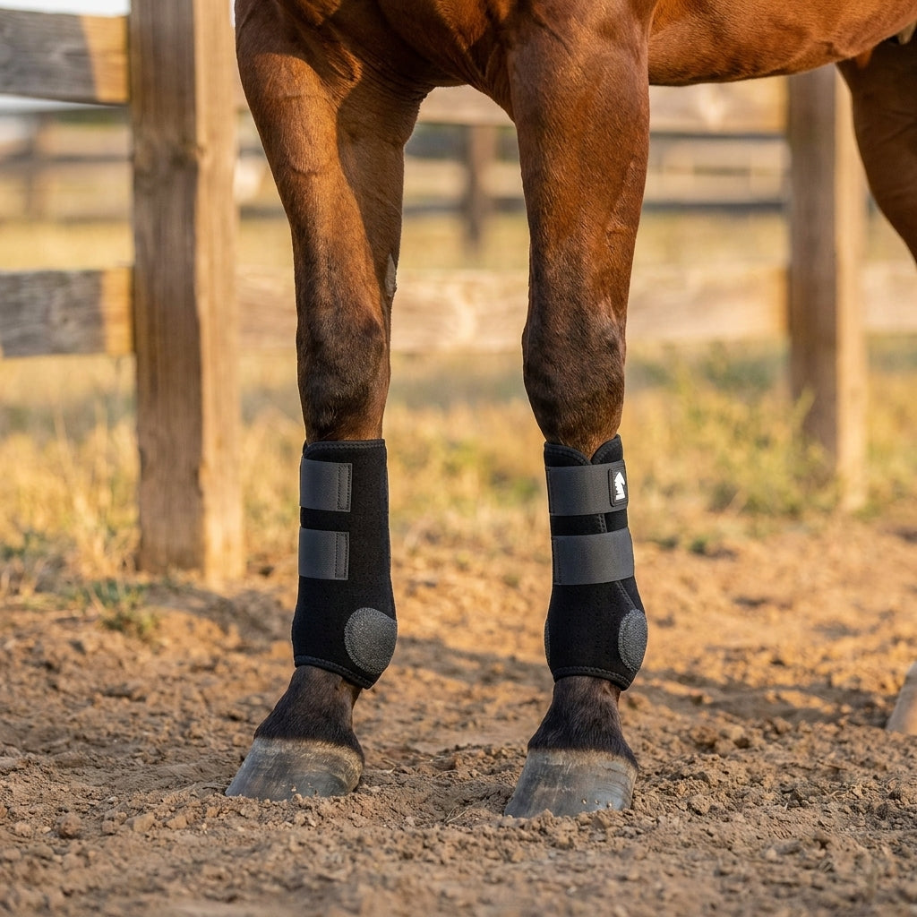 Lifestyle photo of Classic Equine Legacy2 sport boots in black fitted on a bay horse's front legs in a sunlit ranch arena, showing the charcoal hook-and-loop straps and grey textured toe cap.