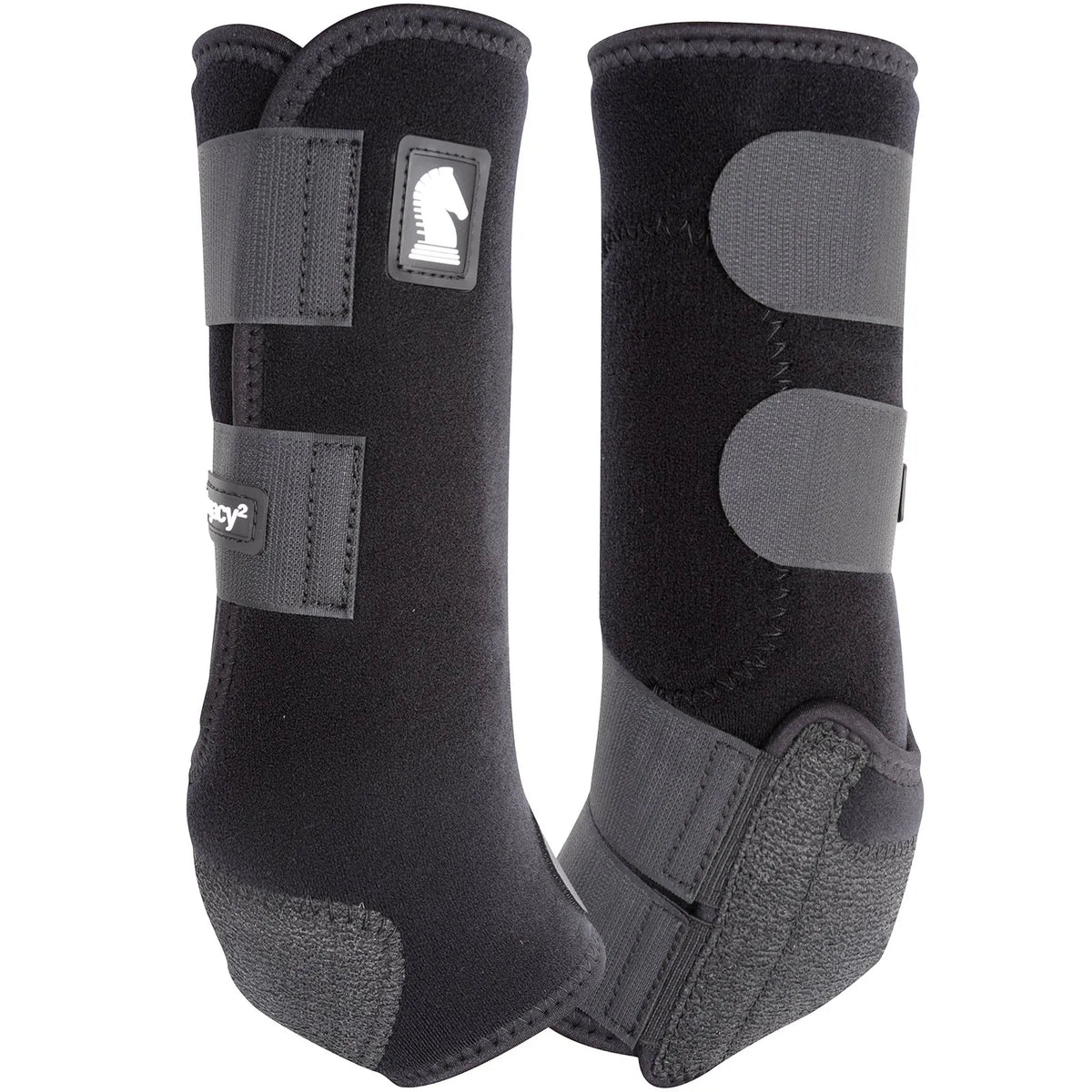 Classic Equine Legacy2 Tall Hind Protective Horse Boots in black neoprene. These high-performance horse boots offer superior fetlock protection and support for equine athletes. Featuring a durable Cradle Fetlock System and secure hook-and-loop closures, the tall design is perfect for hind legs during training, barrel racing, or reining. Essential protective horse gear combining professional durability with a sleek look, featuring the iconic Classic Equine logo.