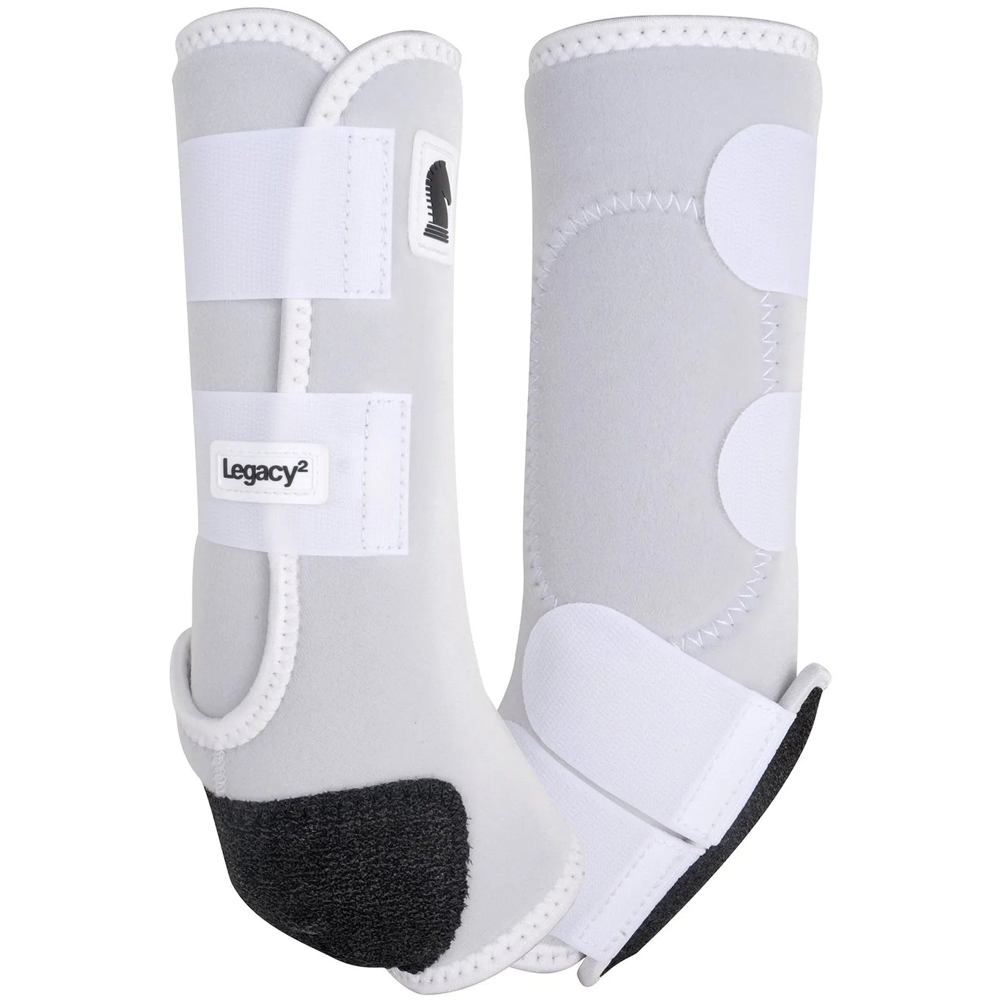 Classic Equine Legacy2 Tall Hind Protective Horse Boots in silver-gray and white. These high-performance equestrian sport boots feature shock-absorbing neoprene construction with a reinforced Cradle Fetlock System for maximum support. The tall design for hind legs includes sturdy white hook-and-loop straps and sleek Legacy² branding. Ideal for protecting your horse during jumping or western performance, offering ultimate tendon and ligament protection in a stylish look.