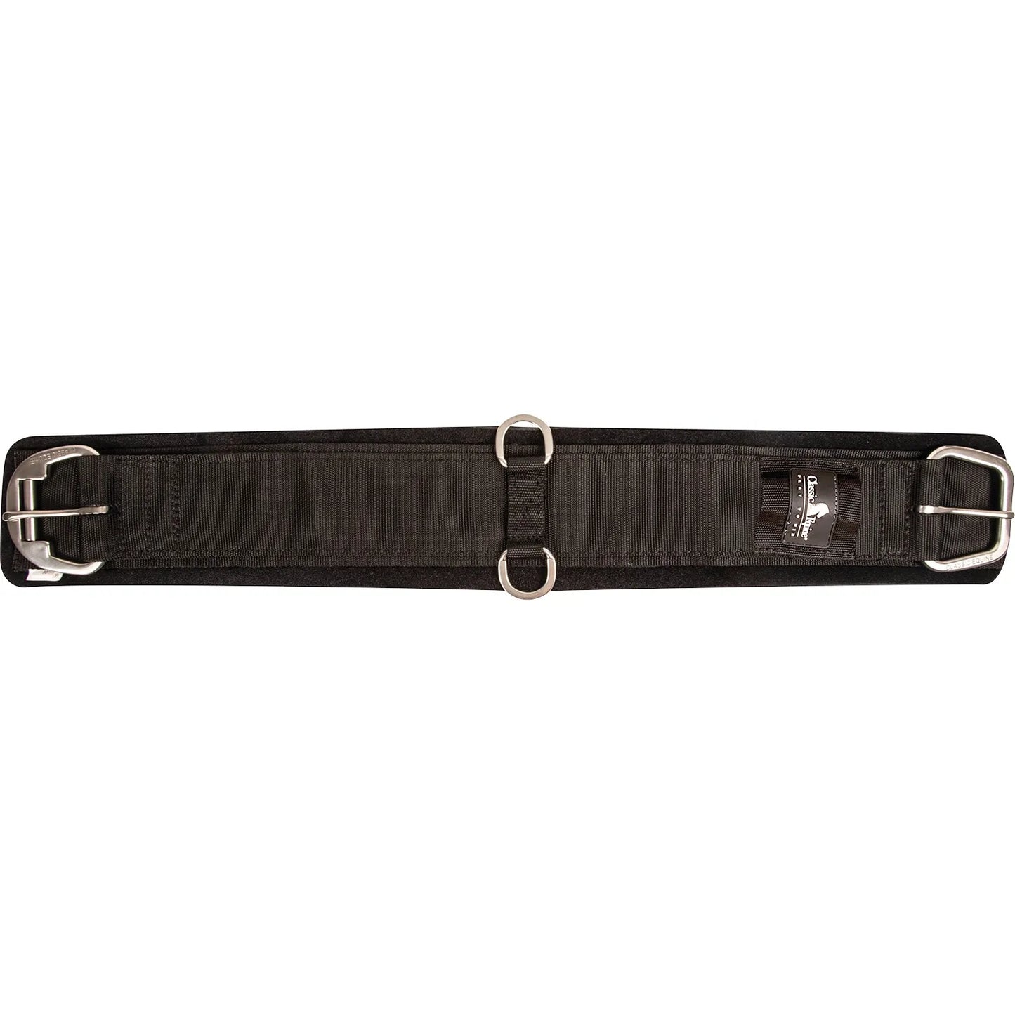 Classic Equine Neoprene Cinch Black, featuring a durable nylon top and non-slip neoprene backing for maximum horse comfort. This high-performance western cinch includes premium stainless steel roller buckles for effortless tightening and dual center D-rings for equipment attachments. A professional-grade piece of horse tack perfect for western riding, barrel racing, or trail use, designed for both durability and style.