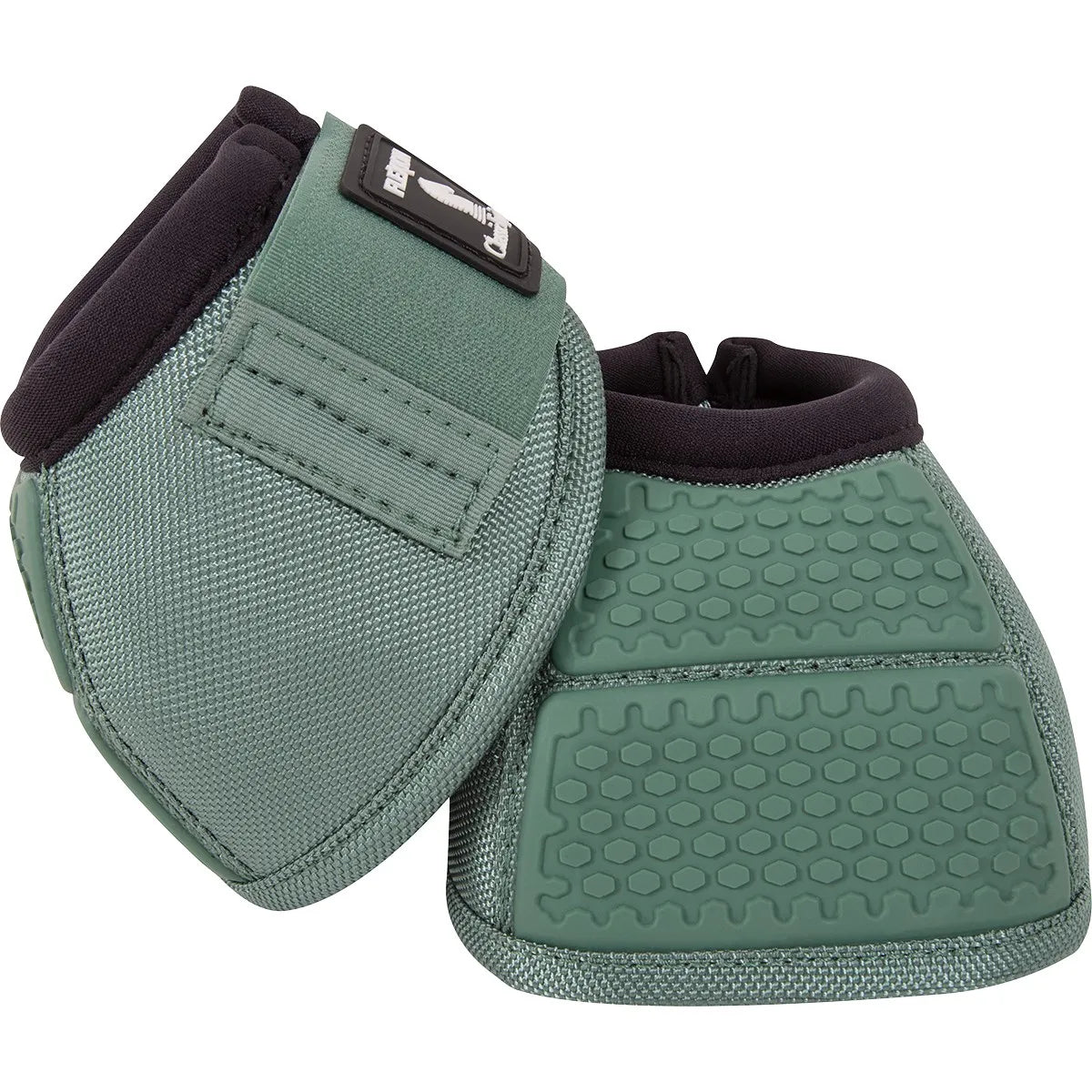 Classic Equine No Turn Flexion Bell Boots in sage green, featuring high-impact honeycomb panels for superior horse leg protection. These wear-resistant bell boots offer a secure hook-and-loop closure, a soft neoprene collar to prevent chafing, and a specialized no-turn design. Durable and stylish equestrian gear designed to protect the hoof and heel bulbs during intense performance, training, or turnout.