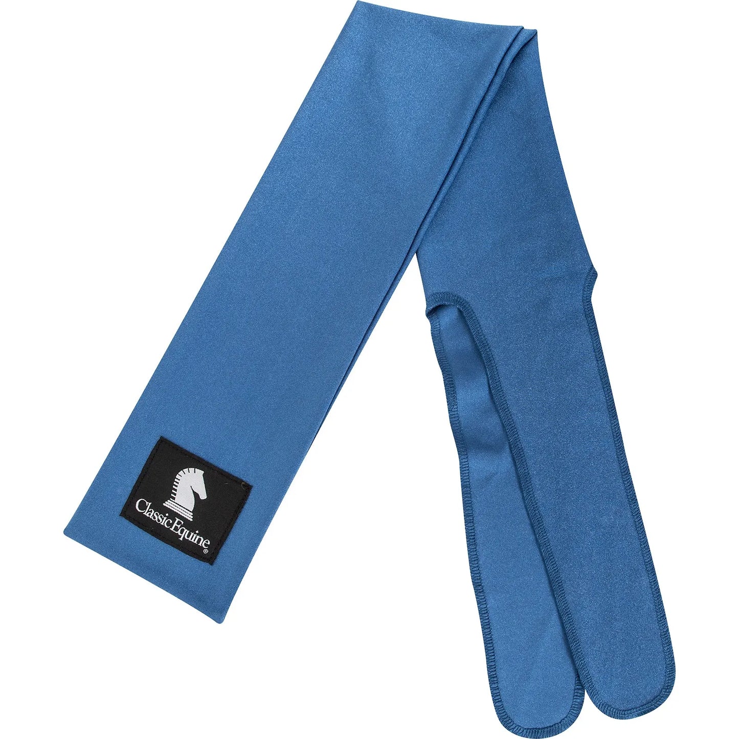 Vibrant blue Classic Equine Lycra Tail Bag designed to protect and keep horse tails clean and tangle-free. This durable, stretchy spandex horse tail wrap features a secure tie-end design and a classic black brand logo patch. An essential equestrian grooming accessory for preventing hair breakage and maintaining a healthy tail for horse shows or daily pasture wear.
