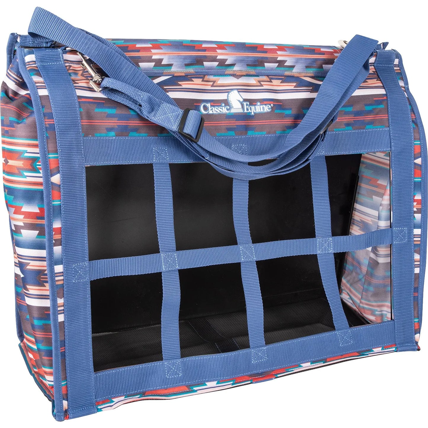 Classic Equine Western Horse Hay Bag featuring a vibrant Southwest Navajo pattern and durable blue webbing. This heavy-duty, waste-reducing slow feeder hay bag has large webbed openings to keep hay contained and minimize mess. Includes adjustable hanging straps and metal snaps, ideal for horse trailers, shows, and barn use. Stylish and practical equestrian gear designed for healthy, efficient feeding.