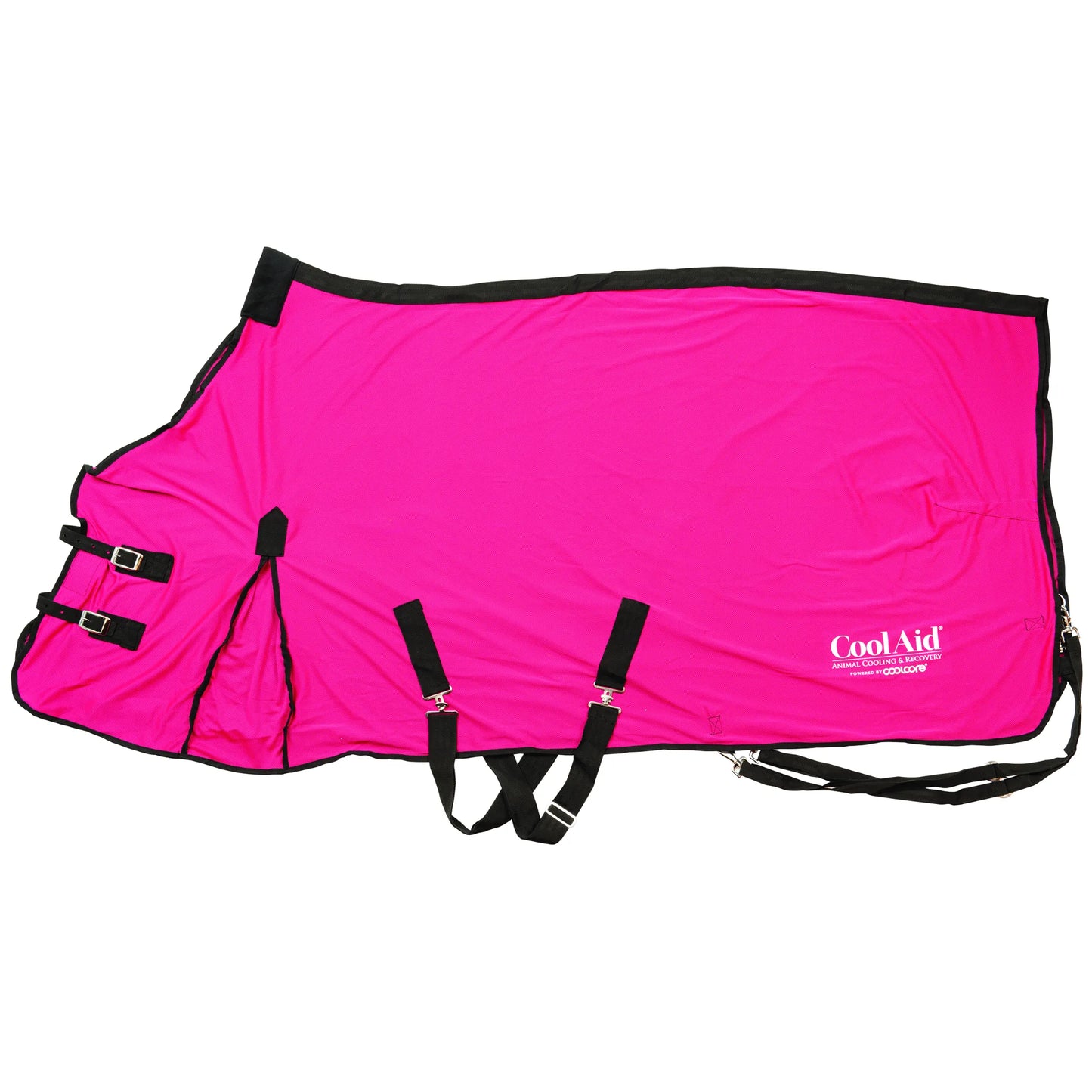 CoolAid Horse Cooling Blanket in vibrant pink with black trim. This high-performance equine cooling sheet features double chest buckles, adjustable belly surcingles, and rear leg straps for a secure fit. Crafted for optimal animal cooling and recovery, the breathable material is perfect for summer heat or post-workout comfort. Includes the white CoolAid logo, making it a stylish and functional addition to any horse’s wardrobe.