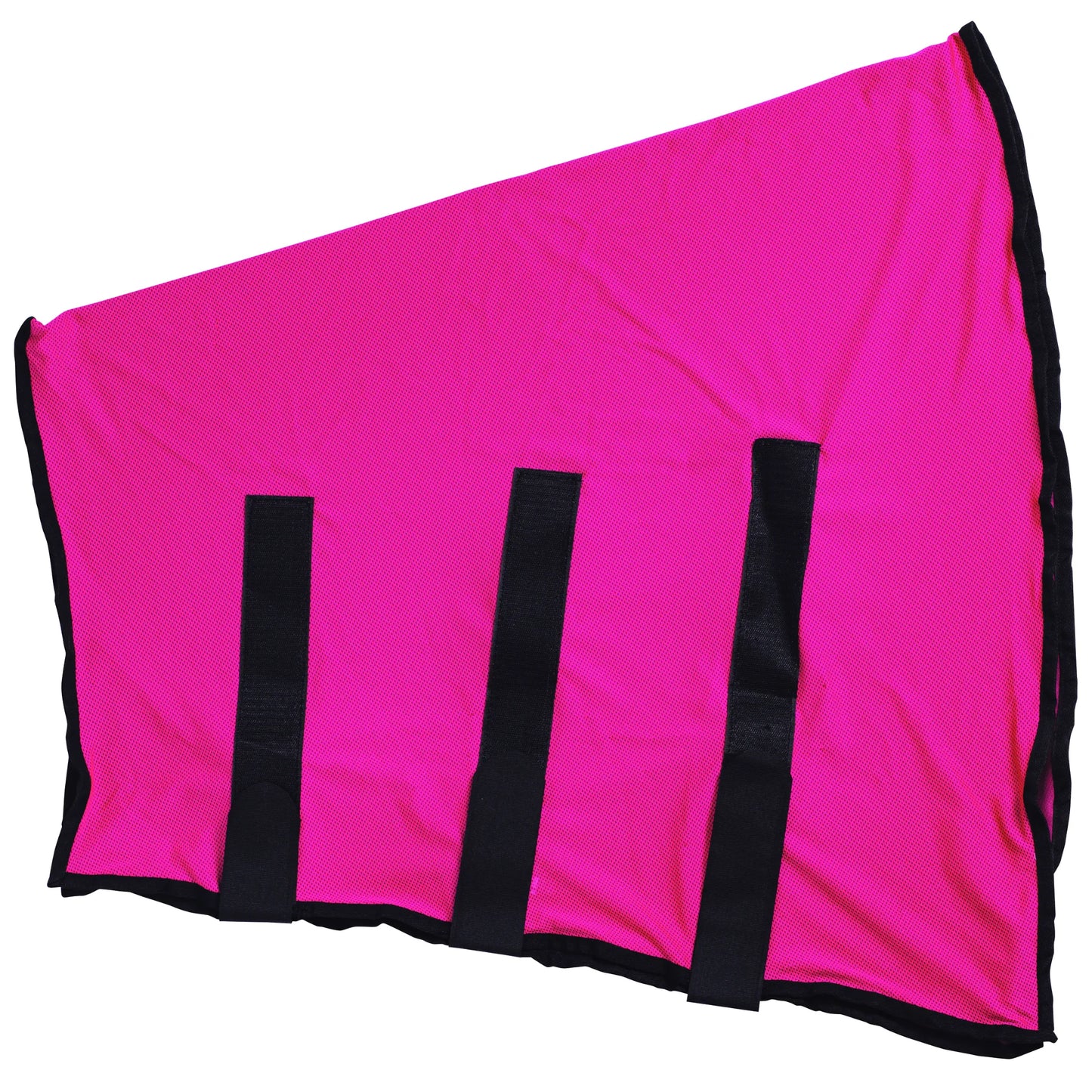 Bright pink CoolAid Horse Neck Wrap featuring breathable, lightweight mesh fabric and three adjustable black hook-and-loop straps for a secure fit. This equine cooling gear provides ultimate relief and sun protection, designed to keep horses comfortable in hot weather. The vibrant pink wrap includes black trim detailing, perfect for equestrians looking for high-performance, stylish horse accessories to prevent overheating and UV damage.