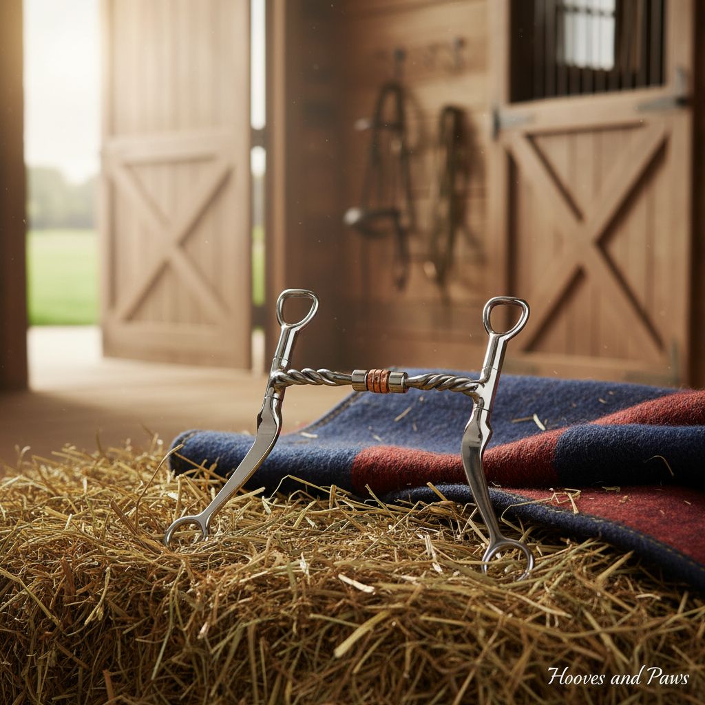 Myler MB 03T Snaffle Bit with sweet iron twisted mouthpiece and copper roller, resting on a blue and red blanket on hay in an equestrian barn.