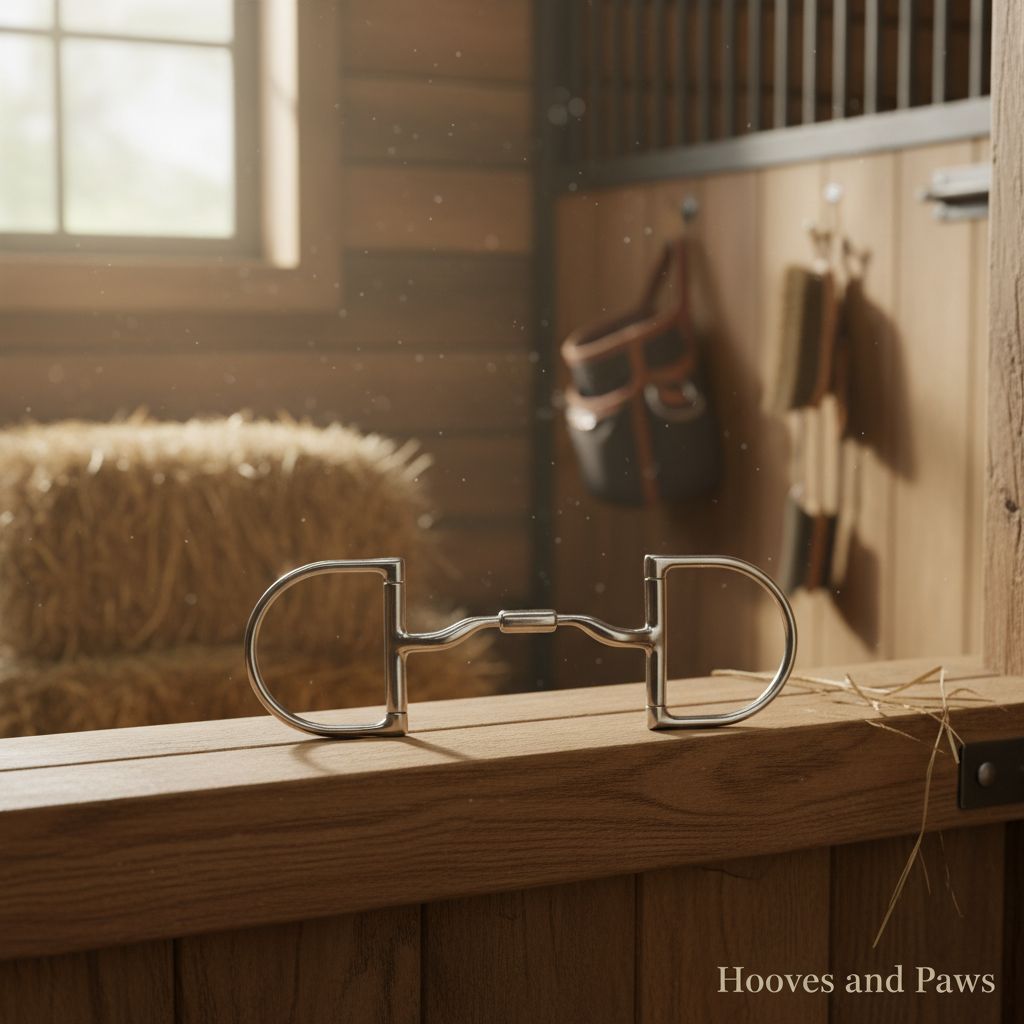 Silver Myler MB 04 Dee Snaffle Bit, a comfort and dressage legal horse bit, resting on a wooden stable door in a sunlit barn with hay and grooming tools.