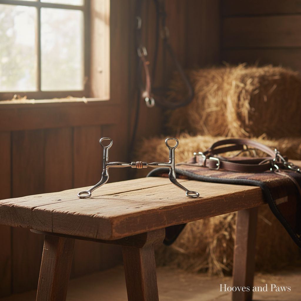 Myler MB 03 Comfort Snaffle horse bit with sweet iron and a copper roller, displayed on a rustic wooden bench in a barn.