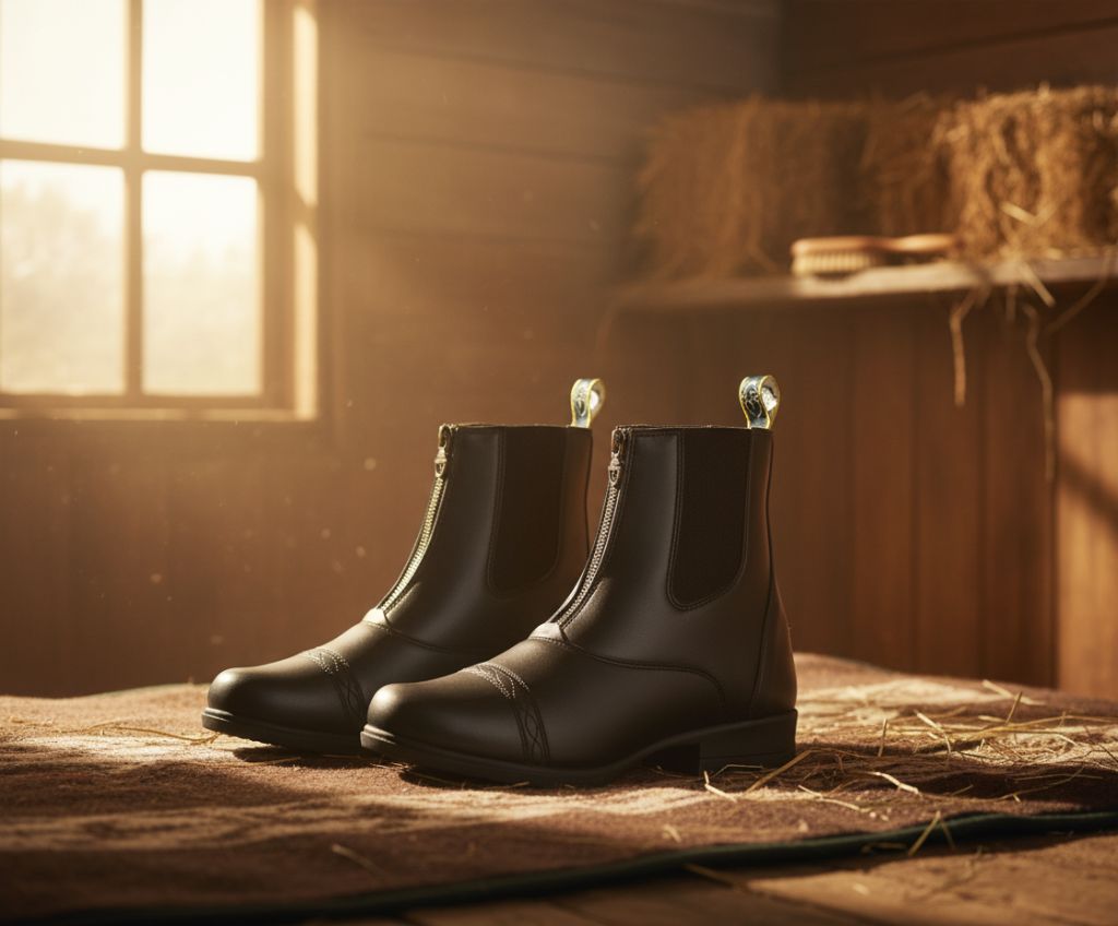 Black Shires Moretta Clio Plus adult or child's paddock boots with front zippers, elastic sides, and decorative pull tabs, set in a warm, sunlit stable with hay bales.