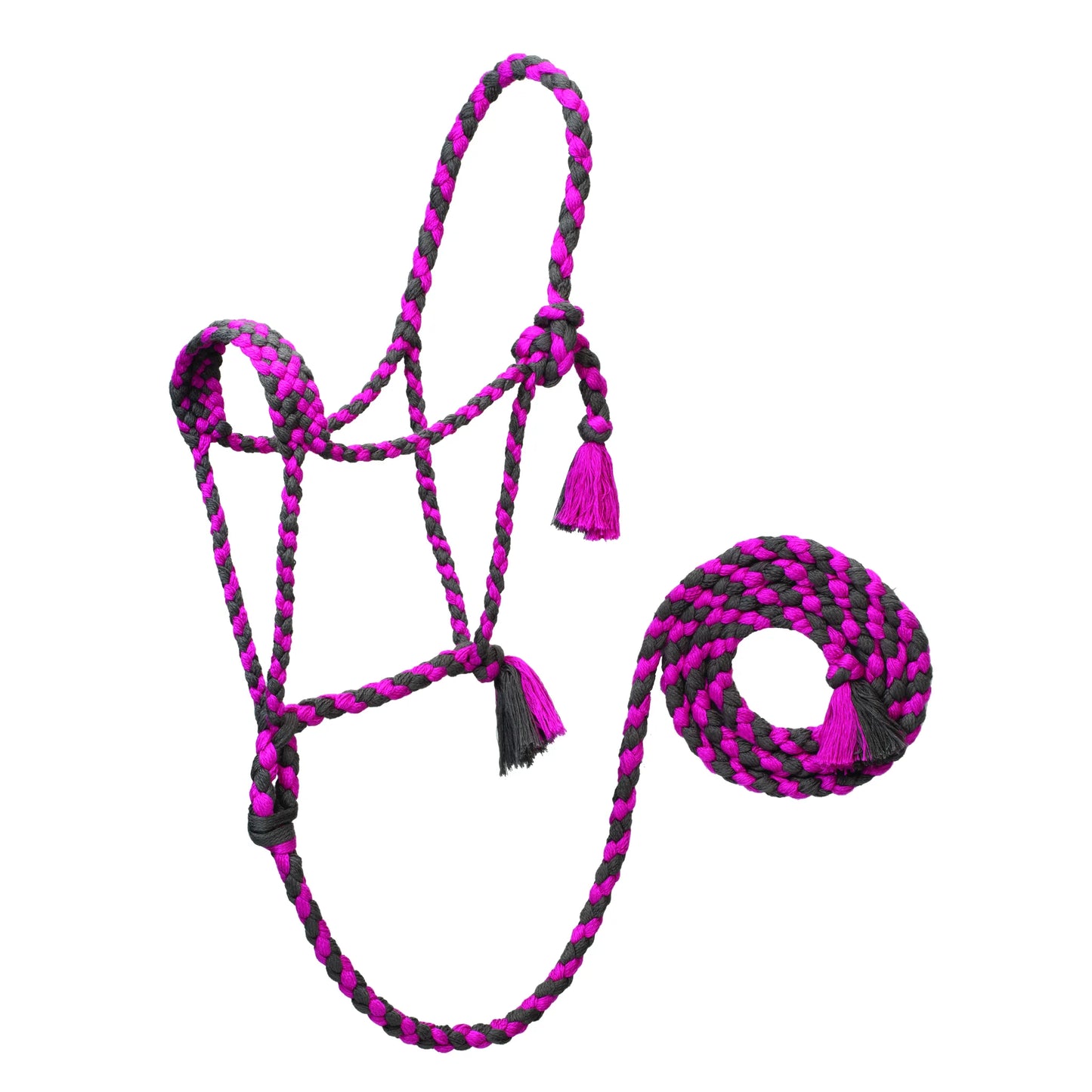 Eco-friendly magenta and black braided bamboo horse halter with a matching 8' lead rope by Weaver Leather. This vibrant equestrian set features soft, sustainable bamboo fibers, durable knotted construction, and decorative tassels. Perfect for natural horsemanship and training, this stylish rope halter and lead set combines eco-conscious materials with high performance.