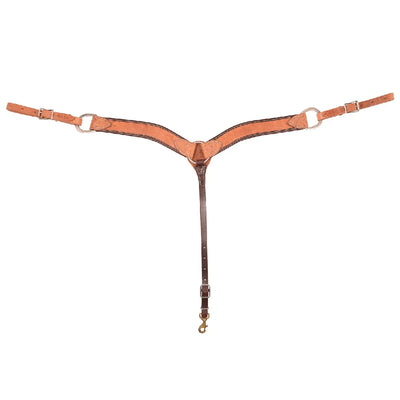 Equibrand 2-inch Harness Breastcollar (BCW200H) crafted from durable light tan roughout leather with contrasting dark brown stitched borders. This premium Western horse tack features a contoured Y-shape design for comfort, a dark leather center tug with a brass snap hook, and adjustable side straps with silver-toned buckles. Ideal for ranch work and trail riding, offering both classic style and rugged functionality for your horse's gear collection.