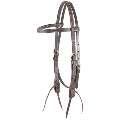 Equibrand Browband Headstall HB86SNT featuring 5/8-inch thick dark brown leather with classic white contrast stitching. This high-quality western bridle includes adjustable cheek pieces with silver-tone hardware and traditional leather bit ties. A stylish and durable horse headstall perfect for trail riding, training, or horse shows, combining professional performance with a timeless western look.