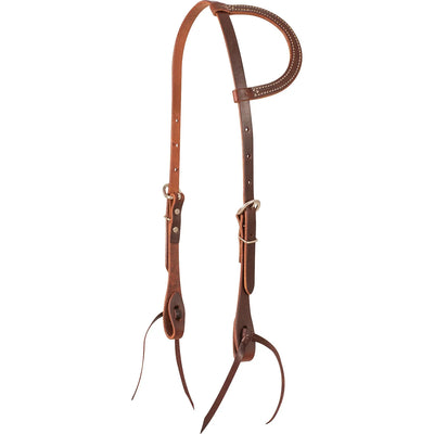 Martin Saddlery Value Series Slip Ear Plain Headstall (HS16CSS) in rich brown harness leather. This classic western horse headstall features a sliding single ear loop, adjustable cheek straps with stainless steel buckles, and secure tie-bit ends. A durable, minimalist choice for daily ranch work, trail riding, or training, offering a clean, traditional look for your equine gear collection.