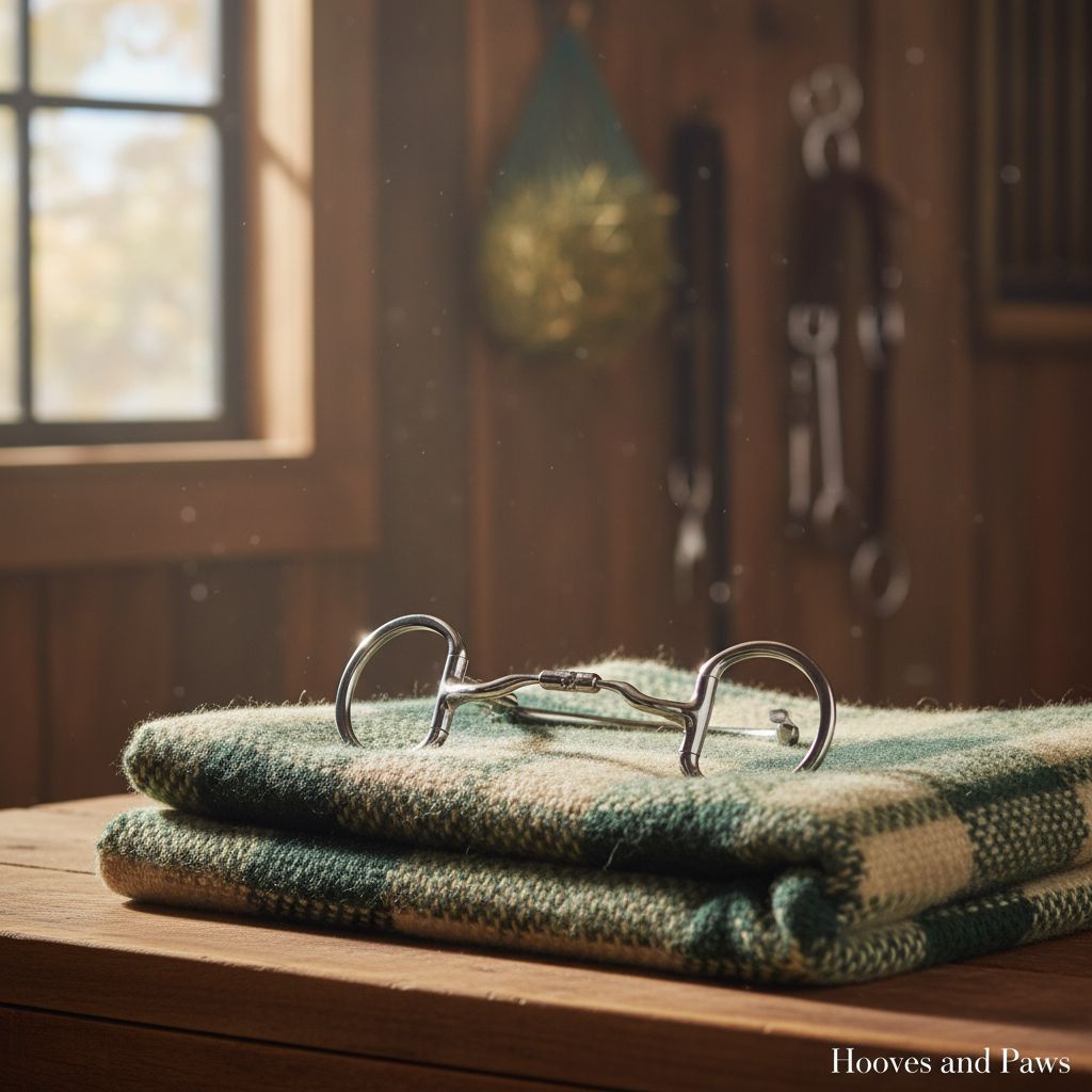 Myler MB 04 Eggbutt Snaffle bit for dressage on a green and cream checkered blanket, in a sunlit wooden stable.